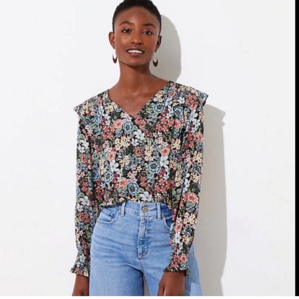 LOFT Multi Color Ruffled Blouse with V-Neckline - Picture 5 of 6